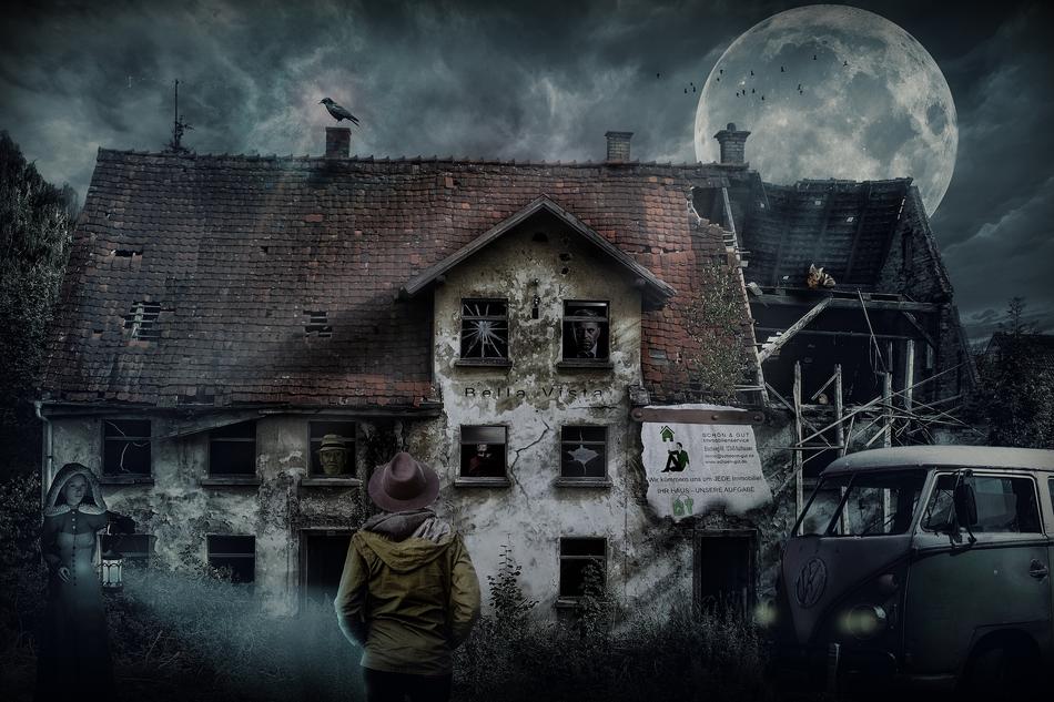 man in front of a collapsed building