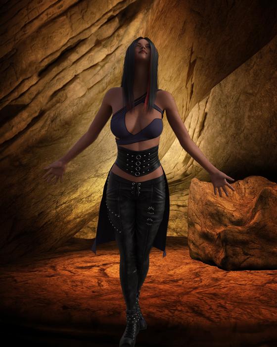 a girl in a black suit by the mountains