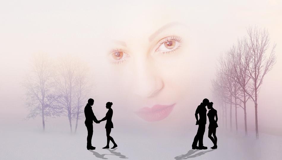 silhouettes of couples in the snow and a face