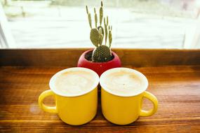 creamy hot drink in a yellow mug