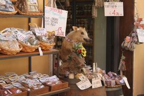 stuffed boar outside a grocery store