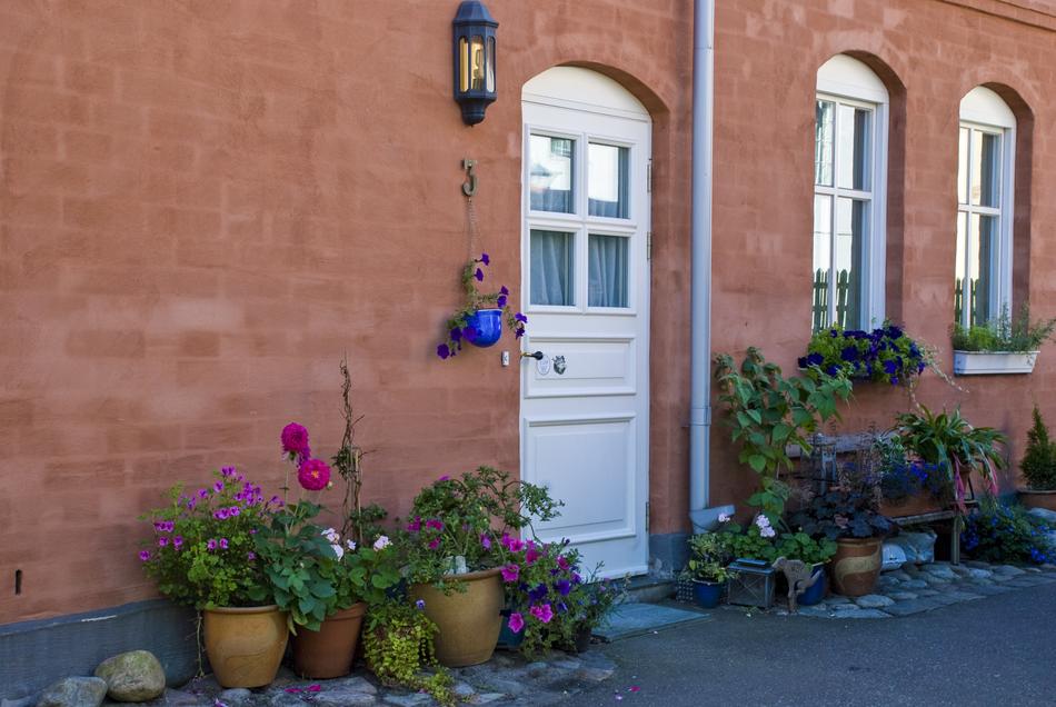 Back door of the house decorated with flowers