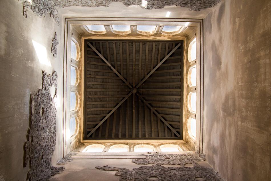 building ceiling with windows