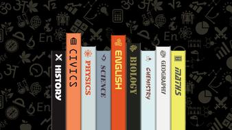 Colorful books, with the signs, in a row, at black and grey, patterned background, clipart