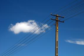 Close-up of the electricity pole, with the cables, at blue sky with white clouds on background