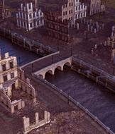 bridge by the ruined buildings