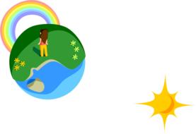 Person, on the colorful Earth with Rainbow, and Sun, at white background, clipart