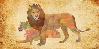 colorful geometric drawing of lions