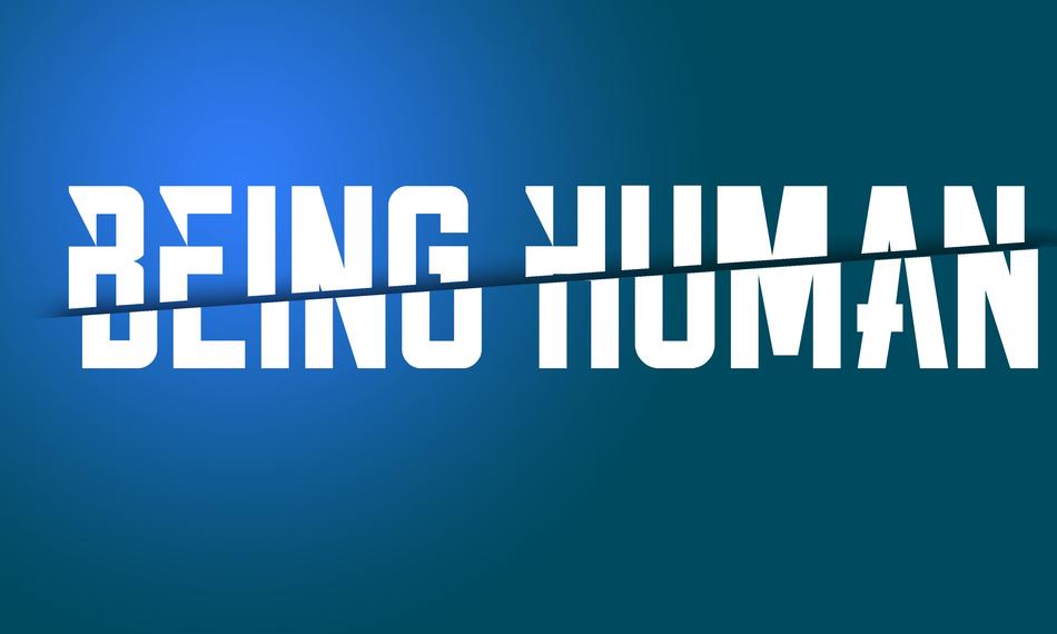White, broken 'Being Human' sign, at blue background with light, clipart