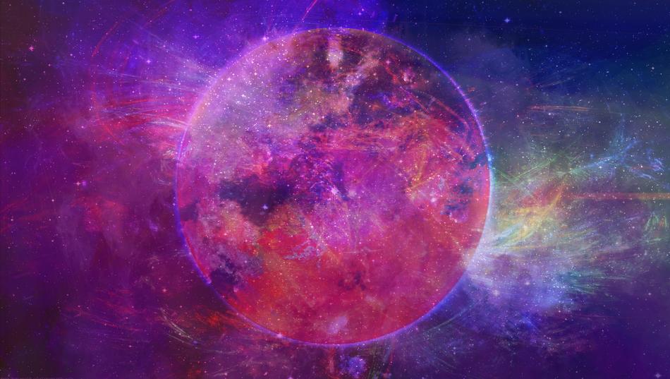 violet pink background, fiery planet