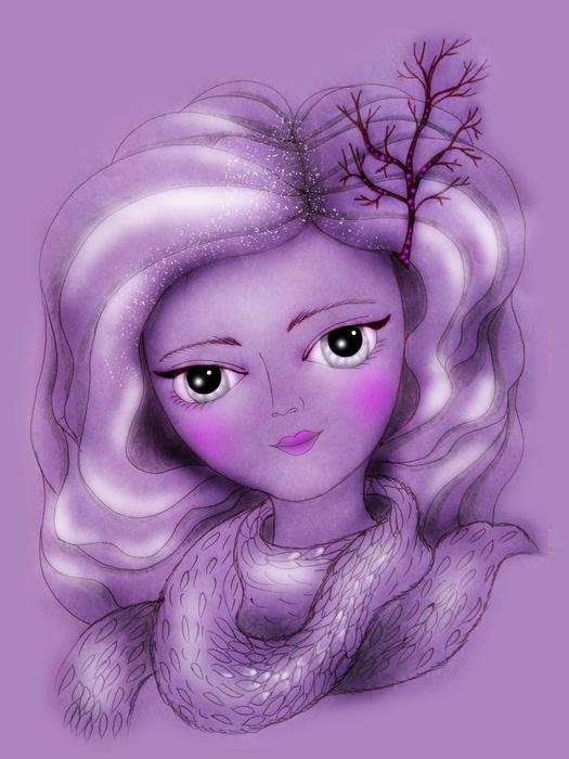 drawn girl with scarf on purple background