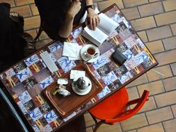 Tea set on a colored table