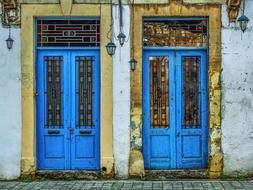 blue doors wooden buildings