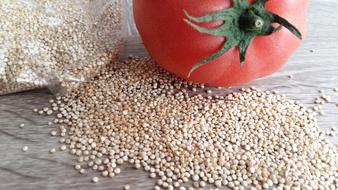 Spilled grains near a tomato
