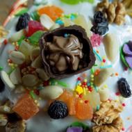 Chocolate dessert and fruit on the table