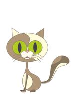 drawn cat with big green eyes