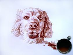 Pencil portrait of a dog and a coffee mug