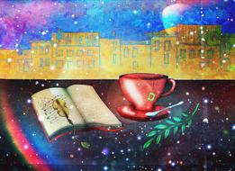 a magical picture with a book and a mug