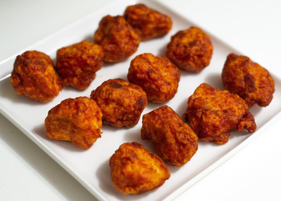 Slices of spicy fried chicken