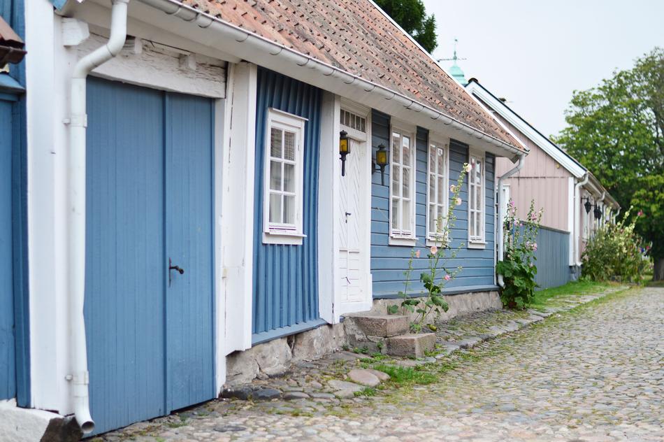 blue house with white windows