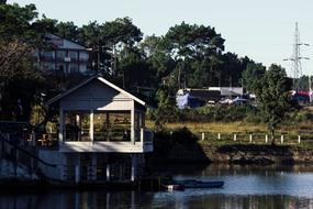 pier with a cozy cabin