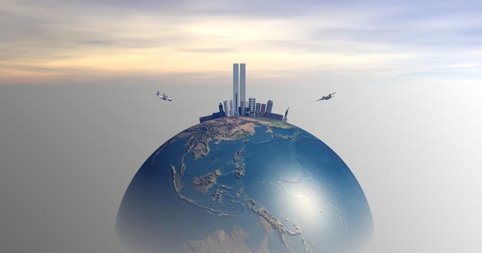 3d model of Earth with the city, under the colorful sky with clouds