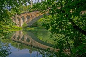 a bridge with trees and a green meadow