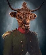 a red cow in a suit