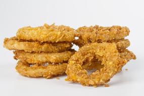 fried onion rings on a white background