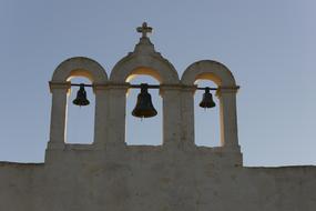 black bells in a white building