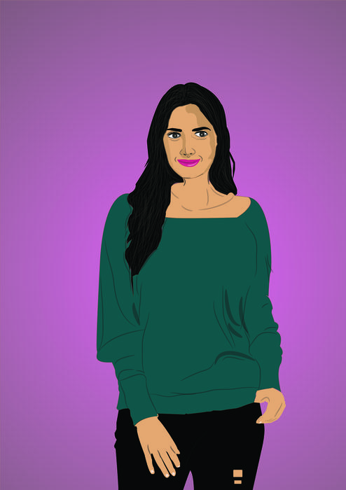 woman in green blouse at purple background drawing