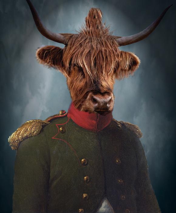 a red cow in a suit