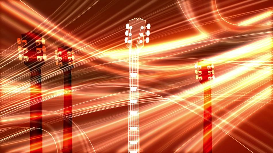 guitar necks at red background with yellow lines