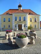 yellow house with pots and flowers