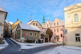 a bright street with houses