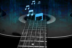 music notes above Guitar strings, collage
