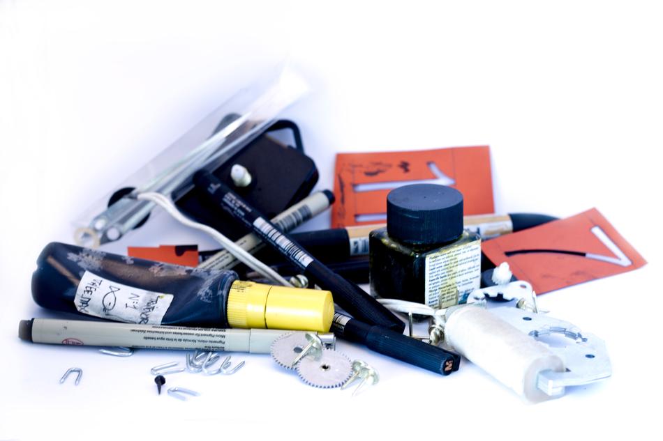pens, ink, markers and stencils