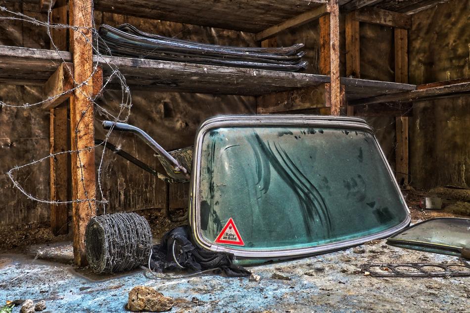 an old car window in the garage