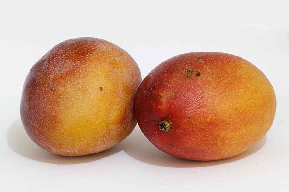 Delicious juicy mangoes on a white background