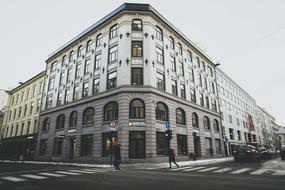 Cityscape of the street of Oslo, Norway, with people and cars