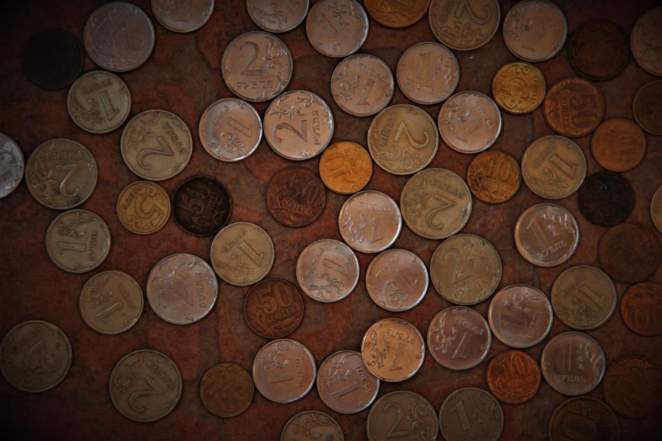 Close-up of the colorful, metal Ruble coins together