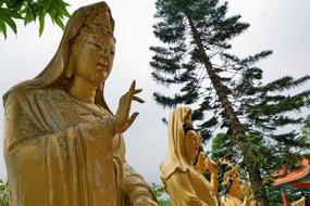 golden sculptures of monks at the temple