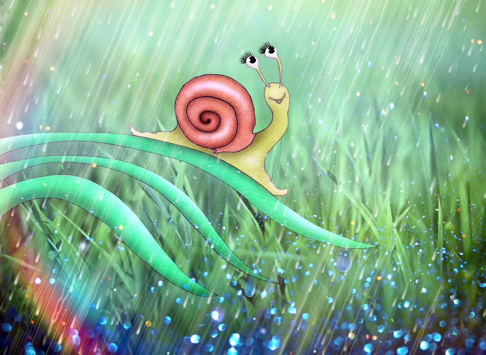 Colorful clipart with the snail on the grass, among the lights