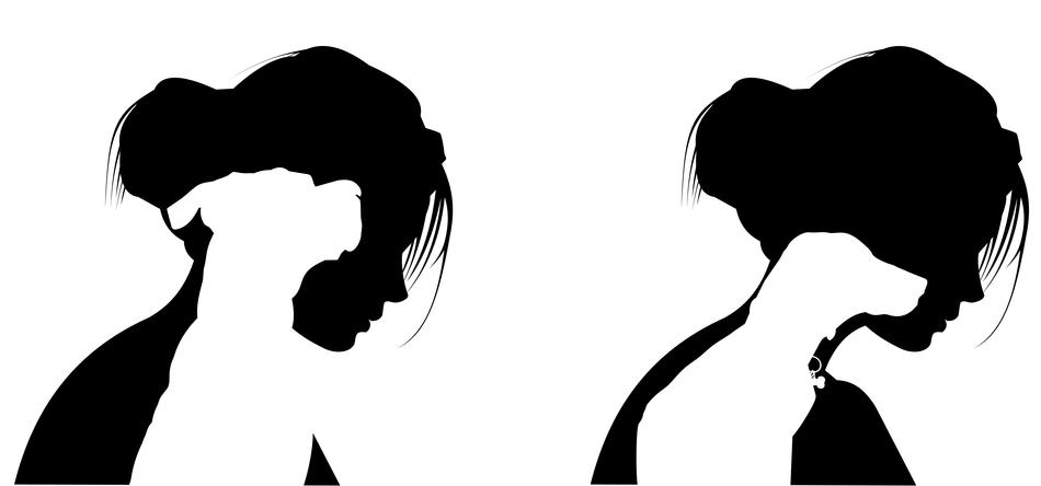 young woman with dog, silhouettes, black and white