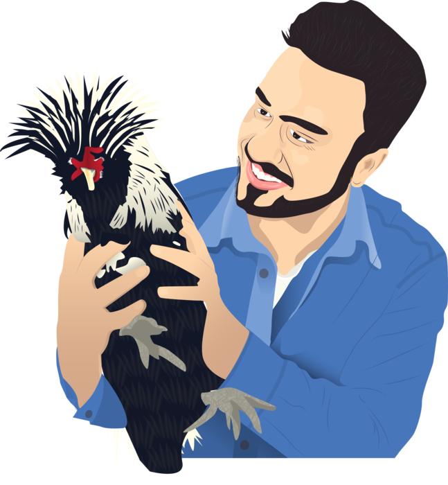 a drawing of a man with a chicken