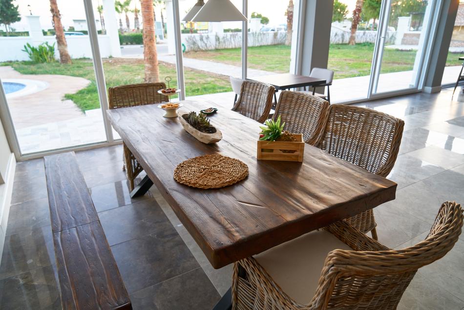 wooden table with chairs view