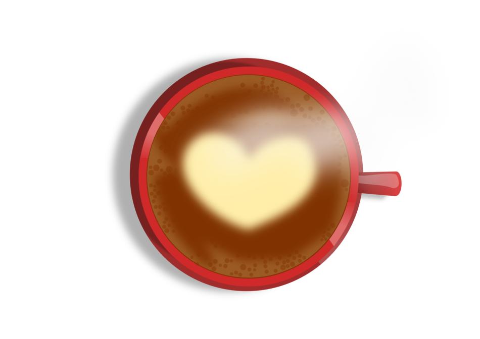 drawing of coffee in a red mug with a heart pattern