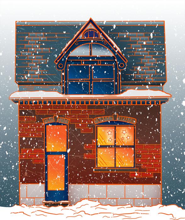 brownstone house Christmas in the snow