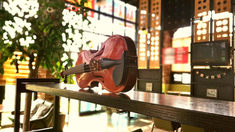 musical violin on the table in the cafe
